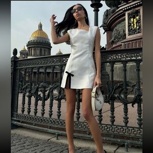 Beautiful White Silky Dress with Black Bow Accent - Bride, Engagement, LWD